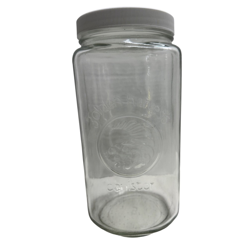 Golden Harvest Clear Glass Canister Jar with White Lid Embossed Sun Wheat 8.5in